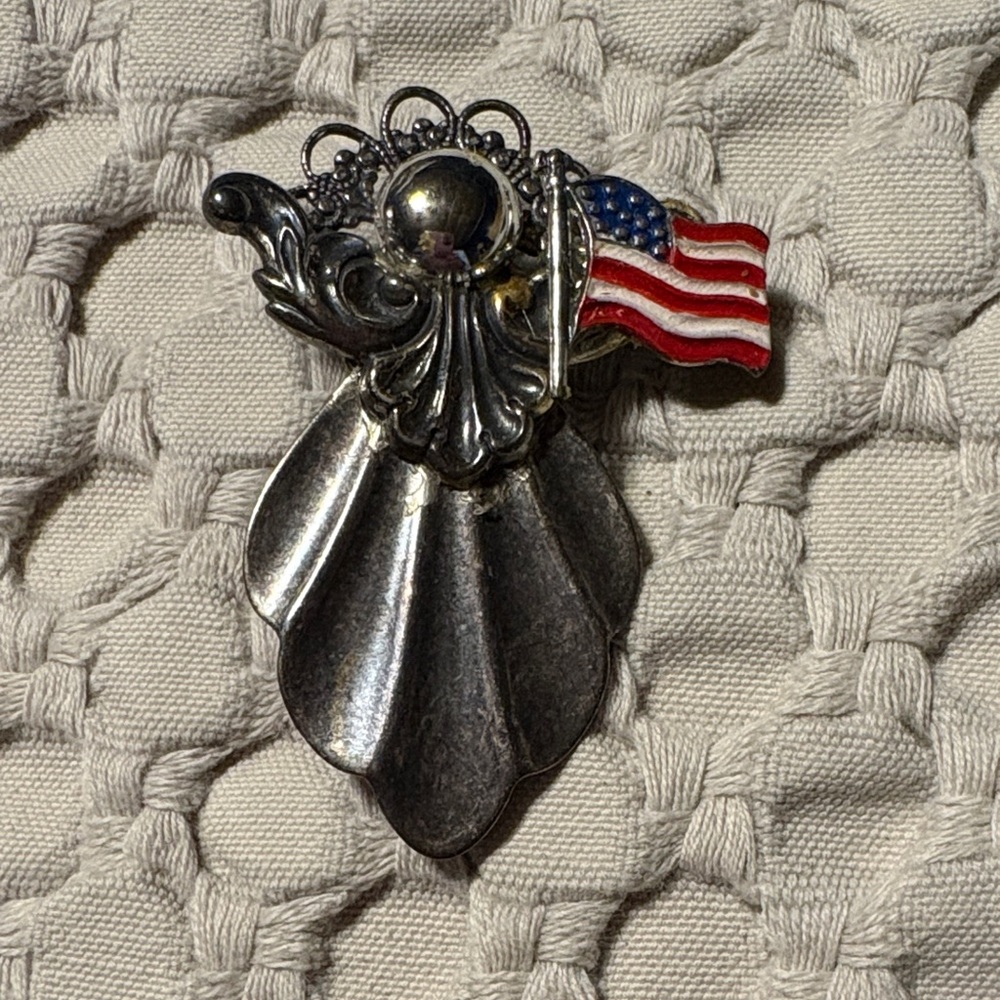 Silver Brooch with Angel holding an American Flag Design
